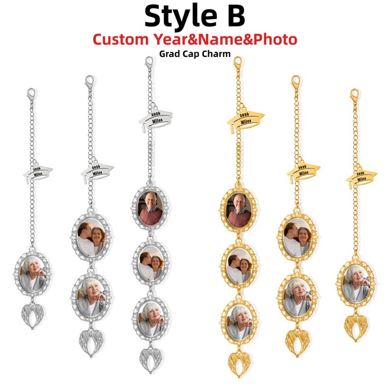 May include: A collection of silver and gold-toned metal graduation cap charms featuring oval photo frames, delicate chains, and wing-shaped pendants. Each charm includes a miniature graduation cap with the text 2020 Miles engraved on the surface.