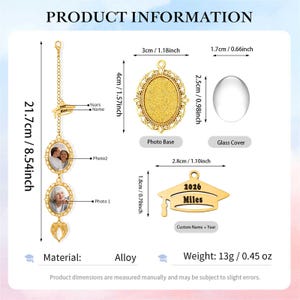 May include: A gold-toned alloy graduation memorial ornament featuring two oval photo frames, a graduation cap charm engraved with 2026 and Miles, and angel wings. The total length is 8.54 inches, weighing 0.45 ounces, with detailed dimensions.