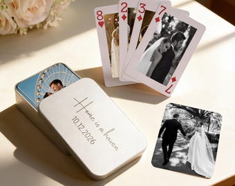 Custom Photo Playing Cards with Engraved Box, Personalized Wedding Anniversary Gift for Couple, Unique Groom Gift, Bridal Shower Favors