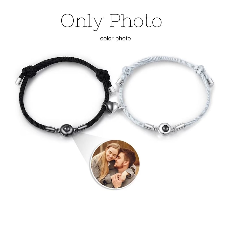 Conjunto de 2 pulseras de proyección de fotos, pulseras magnéticas para parejas, pulseras a juego, pulseras de larga distancia, regalo de aniversario, regalo de parejas Only Photo