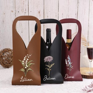 Sac fourre-tout à vin personnalisé, Sac à vin en cuir avec nom personnalisé, Sac à vin avec fleur de naissance gravée, Sac à vin de vacances, Cadeaux pour les amateurs de vin, Cadeau de Noël