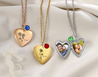 Personalised Birth Flower Engraved Locket Necklace, Memorial Heart Photo Locket with Birthstone, Christmas Gift,Anniversary Gift for Her