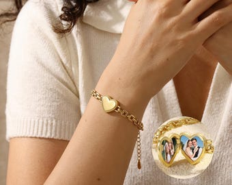 Personalized Heart Photo Locket Bracelet, Custom Keepsake Jewelry for Mom Mother's Day Gift