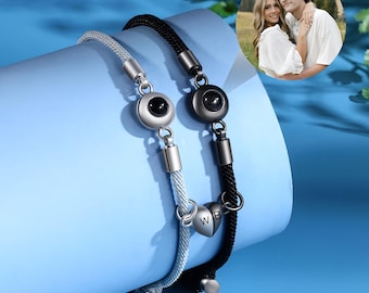 Pulsera de proyección de fotos personalizada, pulsera magnética grabada personalizada para pareja, joyería de corazón a juego, regalo de aniversario para él y ella.