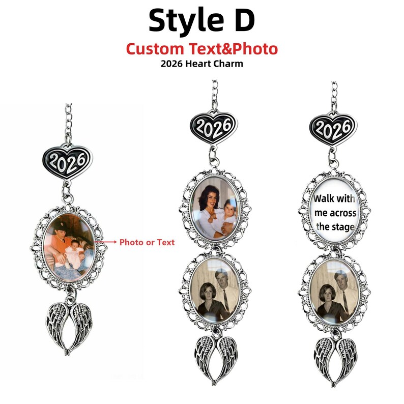 May include: A silver-toned hanging ornament featuring a heart charm with the text 2026, oval frames containing custom photos or text, and a pair of angel wings at the bottom. The text Style D Custom Text&Photo 2026 Heart Charm is visible.