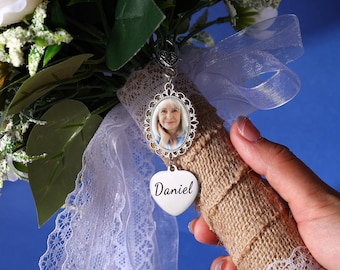 Personalized Bridal Bouquet Charm, Custom Photo Flower Bouquet Charm, Remembrance Pin, Wedding Keepsake, Gift for Bride, Bridal Shower Gifts