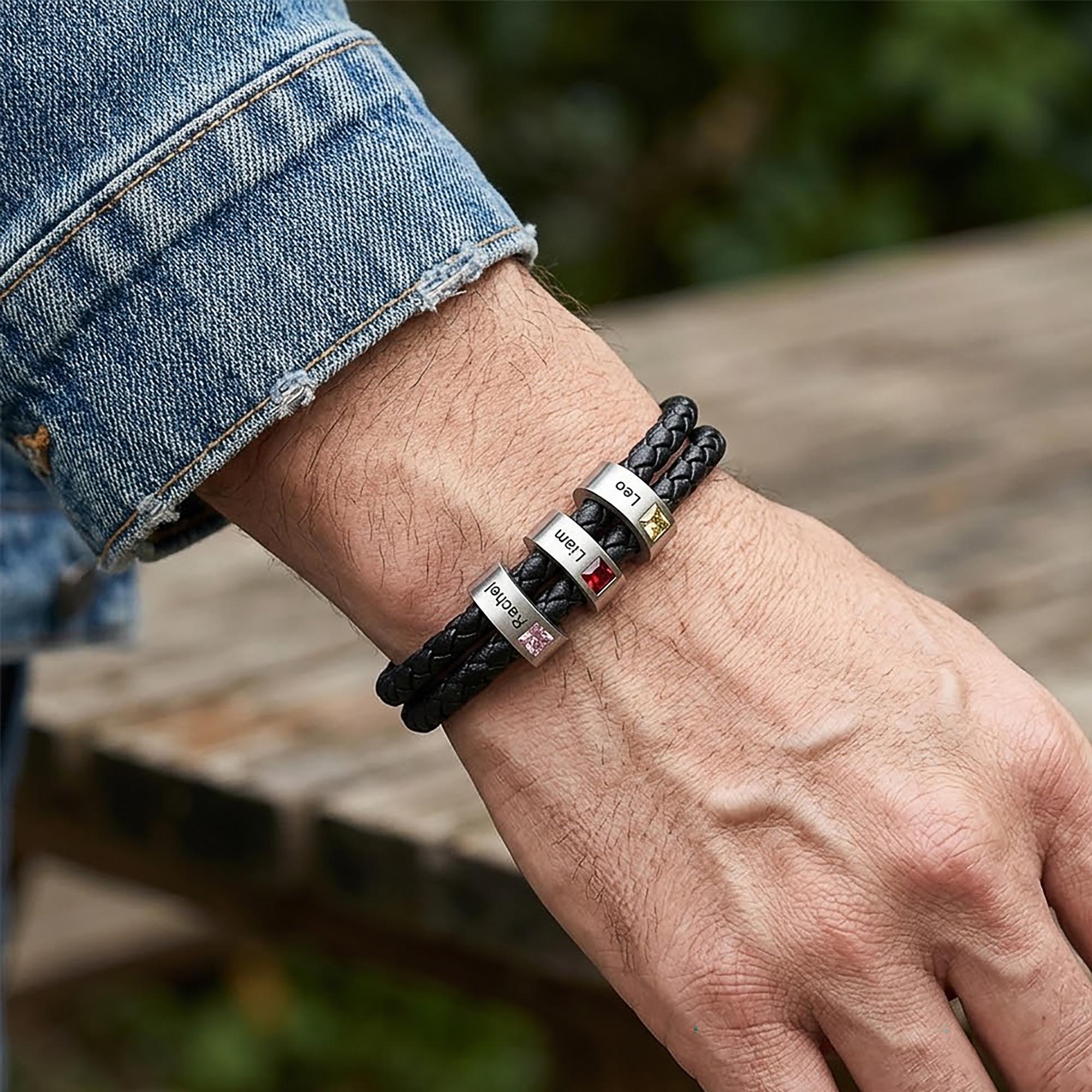 Personalized Mens Braided Leather Bracelet,Family Birthstone Bracelet for Dad,Engraved Jewelry,1st Father's Day Gift,Gift for Husband