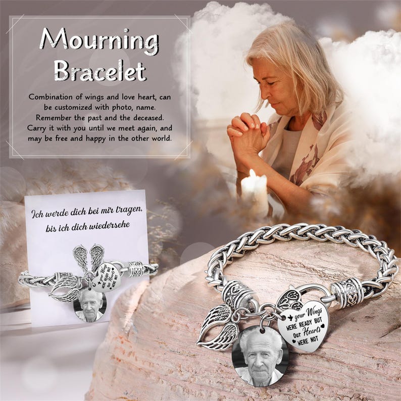 Puede incluir: Pulsera de plata con un dije que presenta un marco de fotos, alas de &aacute;ngel y un coraz&oacute;n con el texto "Tus alas estaban listas, pero nuestros corazones no".
