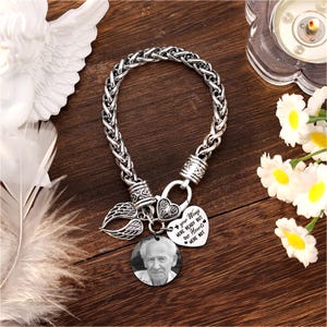 Pulsera conmemorativa con foto personalizada y alas, pulsera navideña con foto grabada, joyería conmemorativa con alas de ángel, regalo de condolencia "Tus alas estaban listas" imagen 2