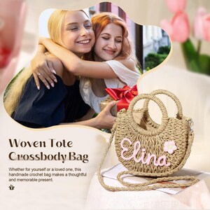 May include: A woven tote crossbody bag with a straw texture and a pink flower accent. The bag has a personalized name "Elina" embroidered on the front.