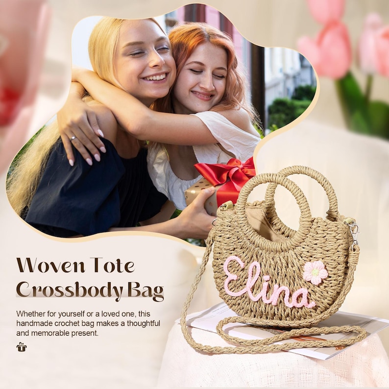 May include: A woven tote crossbody bag with a straw texture and a pink flower accent. The bag has a personalized name "Elina" embroidered on the front.