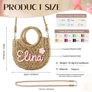May include: A straw tote bag with a pink flower and the name "Elina" embroidered in pink. The bag has a long strap and measures 10.24 inches tall and 9.45 inches wide. The bag is made of papyrus and weighs 9.41 ounces.