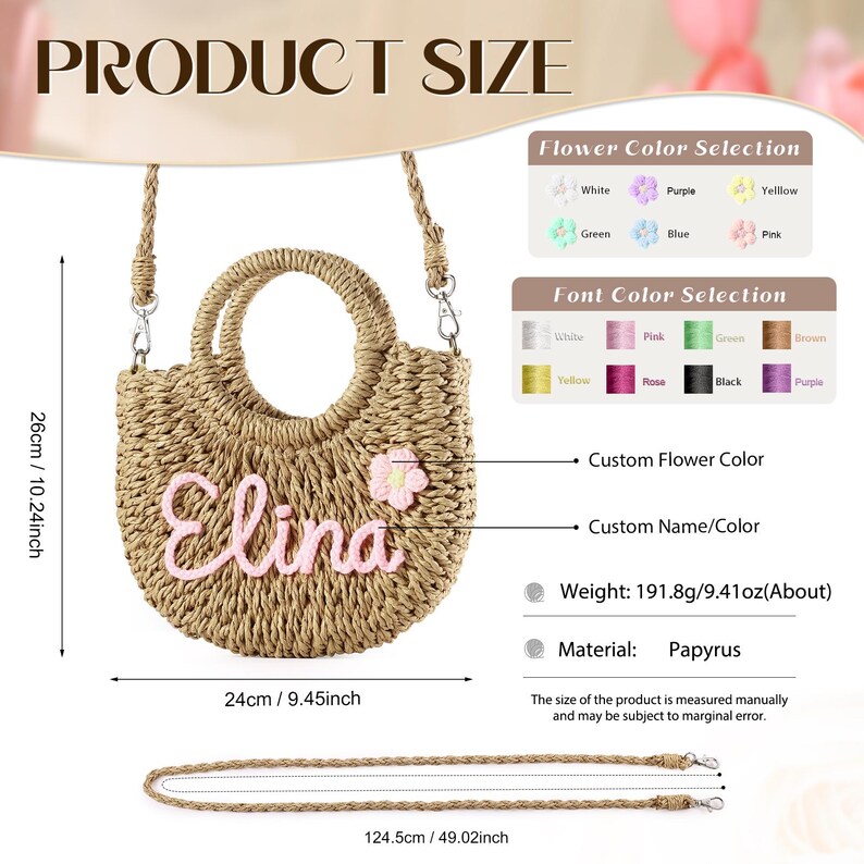 May include: A straw tote bag with a pink flower and the name "Elina" embroidered in pink. The bag has a long strap and measures 10.24 inches tall and 9.45 inches wide. The bag is made of papyrus and weighs 9.41 ounces.