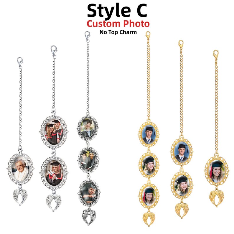 May include: Six hanging photo ornaments in silver and gold tones, each featuring oval filigree frames with custom photos of graduates. The ornaments include a metal chain, a lobster clasp, and a small pair of angel wings at the bottom. Text reads Style C Custom Photo No Top Charm.
