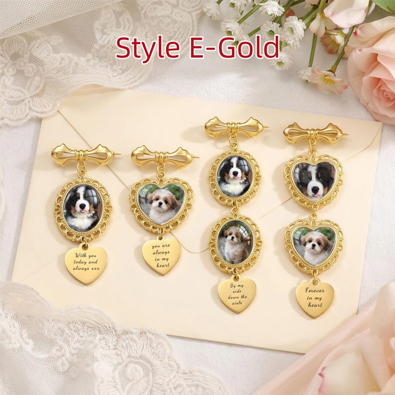 Ciondolo personalizzato con foto per bouquet, ciondolo personalizzato per bouquet da sposa, spilla commemorativa per lo sposo, regalo in ricordo della sposa Style E-Gold