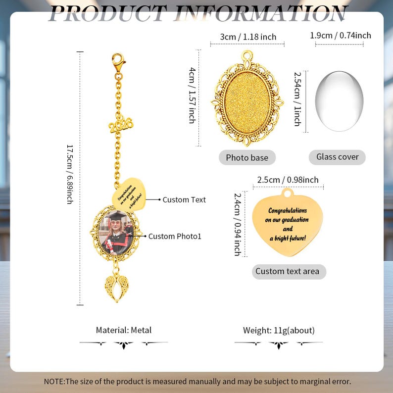 May include: A gold-tone metal graduation memorial charm featuring a 1.57-inch oval photo frame, a 0.94-inch heart-shaped pendant with the text 'Congratulations on our graduation and a bright future!', a 2025 charm, and angel wings, totaling 6.89 inches.
