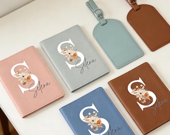 Set di portapassaporto e targhetta per bagaglio in pelle PU personalizzata, portafoglio per passaporto inciso, regalo da viaggio, proposta di matrimonio