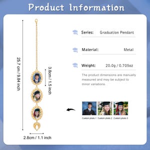 May include: A gold-toned metal graduation pendant featuring a vertical chain with three oval photo frames and a wing charm at the bottom. The total length is 9.84 inches, with frames measuring 1.5 inches by 1.1 inches and a weight of 0.705 ounces.
