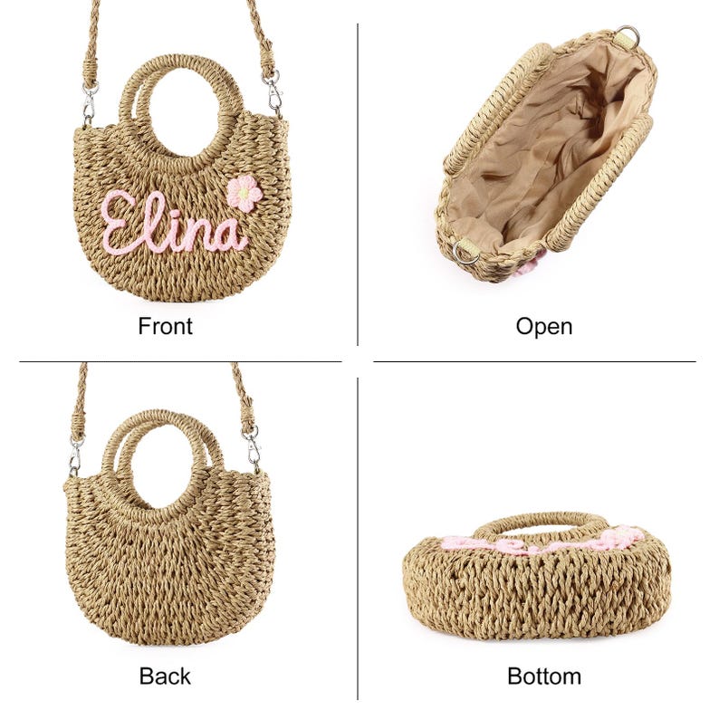 May include: A straw tote bag with a pink flower and the name "Elina" embroidered on the front. The bag has a top handle and a shoulder strap. The bag is shown from the front, back, open, and bottom.