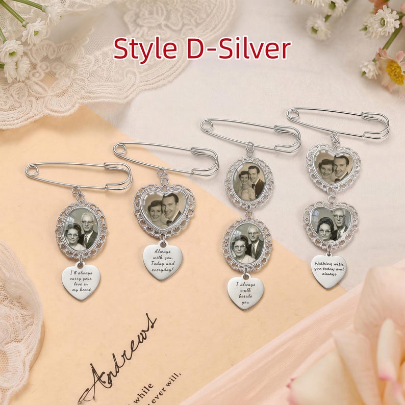 Ciondolo personalizzato con foto per bouquet, ciondolo personalizzato per bouquet da sposa, spilla commemorativa per lo sposo, regalo in ricordo della sposa Style D-Silver