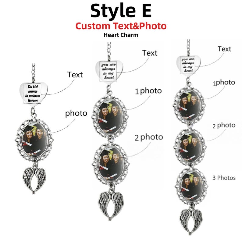 May include: A silver-toned metal hanging ornament featuring a heart-shaped charm with custom text, one to three oval photo frames with ornate filigree borders, and a pair of angel wings at the bottom. The text reads you are always in my heart.