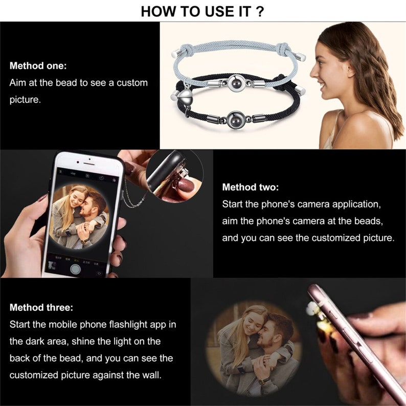 Lot de 2 bracelets pour projection de photos, bracelets magnétiques pour couples, bracelets assortis, bracelets interurbains, cadeau d'anniversaire, cadeau pour couples image 7