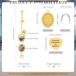 May include: A gold-toned metal graduation ornament featuring a 2026 charm, a heart-shaped tag with the text Congratulations on our graduation and a bright future, two oval photo frames, and a wing charm. Total length is 8.35 inches, weight 13 grams.