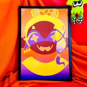 May include: A framed print of a colorful illustration of a character with a purple mask, yellow hair, and a purple and yellow outfit. The background is a gradient of orange, yellow, and purple.