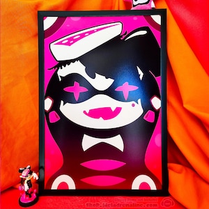 May include: A black and white illustration of a cartoon character with pink accents. The character has a large, round head with a pink hat and a wide, toothy grin. The character's eyes are black with pink crosses over them. The background is pink.