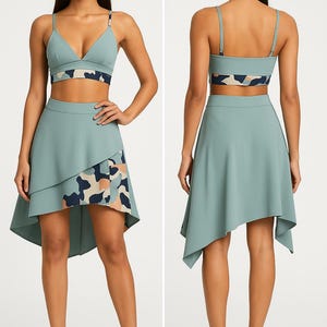 Women’s Two Piece Set – Crop Top & Asymmetrical Skirt with Camo Detail