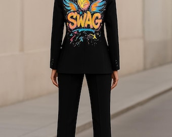 Handgemalter Graffiti-Blazer | Unisex Streetwear Art Jacke & Hose Set