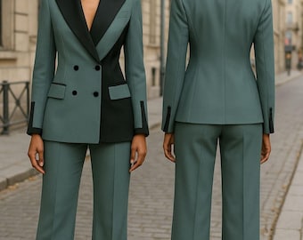 Women’s Green Pantsuit Set – Tailored Blazer & Wide Leg Trousers