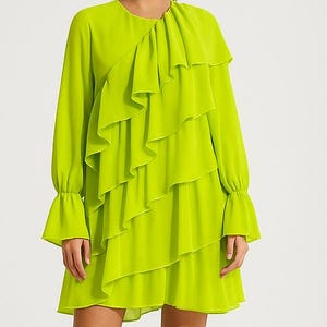 Lime Green Ruffle Mini Dress: Georgette Long Sleeve Party Outfit
