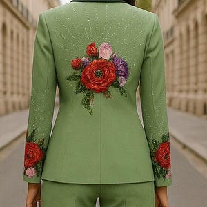 Green Embroidered Pantsuit Set – Women’s Blazer and Trousers