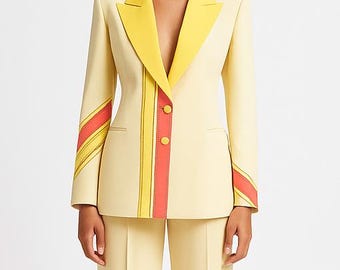 May include: A cream-colored suit featuring a blazer with a yellow collar and red and yellow striped accents on the sleeves and front. The matching pants have a similar striped design on the side. The suit has a tailored fit.