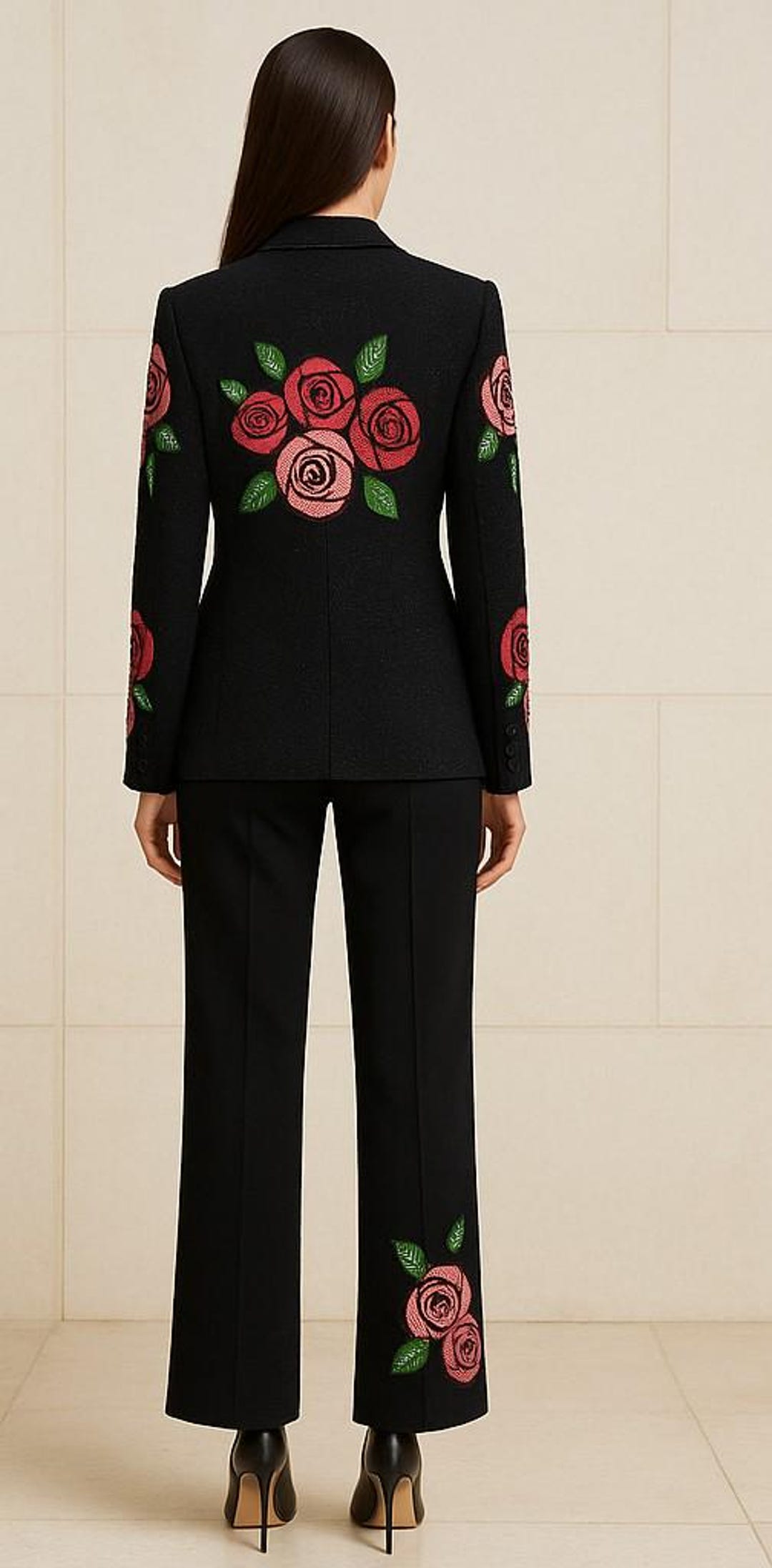 Floral Embroidered Black Blazer Pants Set – Women's Two Piece Suit