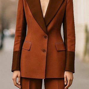 May include: A two-tone rust-colored suit featuring a tailored blazer and matching trousers. The blazer has a contrasting dark brown lapel and sleeve cuffs, with two front pockets and two buttons. The suit is a classic, elegant style.