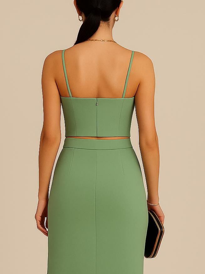 Green Two Piece Dress | Crop Top & Slit Skirt Set for Women