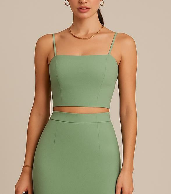 Green Two Piece Dress | Crop Top & Slit Skirt Set for Women