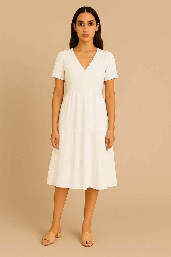 White Midi Dress – Short Sleeve V Neck Summer Casual Outfit