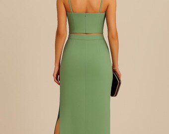 part two green dress Emerald Green Two Piece Satin Crop Top Ball Gown Prom Dress