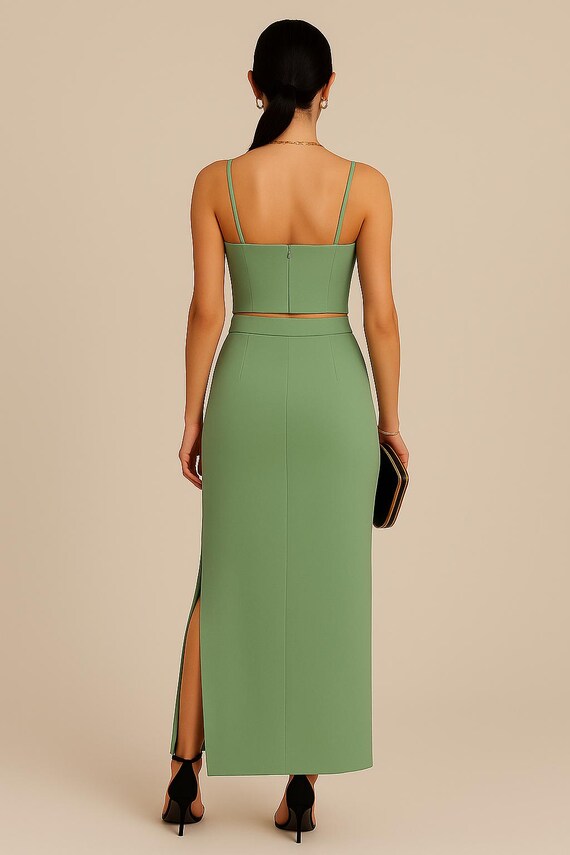 toplark Green Two Piece Dress | Crop Top & Slit Skirt Set for Women