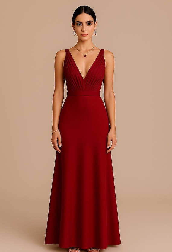 solid red dress deep v neck Deep Red V-neck Evening Gown | Formal Maxi Dress for Women