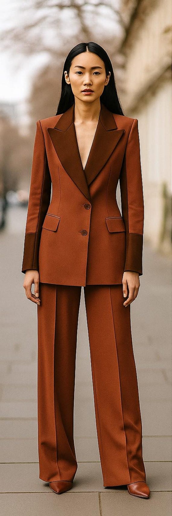 Rust Brown Women’s Pantsuit Set | Tailored Blazer & Wide Leg Trousers