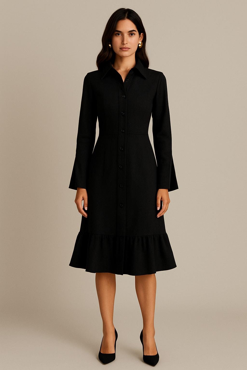 long black button down dress Black long-sleeve dress with refined button details