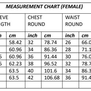 May include: A measurement chart for women's clothing, detailing sizes XS to XXL. The chart includes sleeve length (inches and cm), chest round (inches and cm), waist round (inches and cm), and hip round (inches and cm).