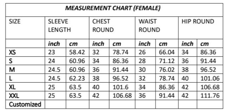 May include: A measurement chart for women's clothing, detailing sizes XS to XXL. The chart includes sleeve length (inches and cm), chest round (inches and cm), waist round (inches and cm), and hip round (inches and cm).