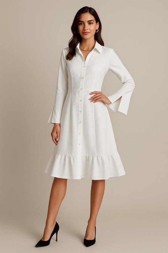 Button Down Midi Dress  Long Sleeve Shirt Dress With Ruffle Hem - Etsy