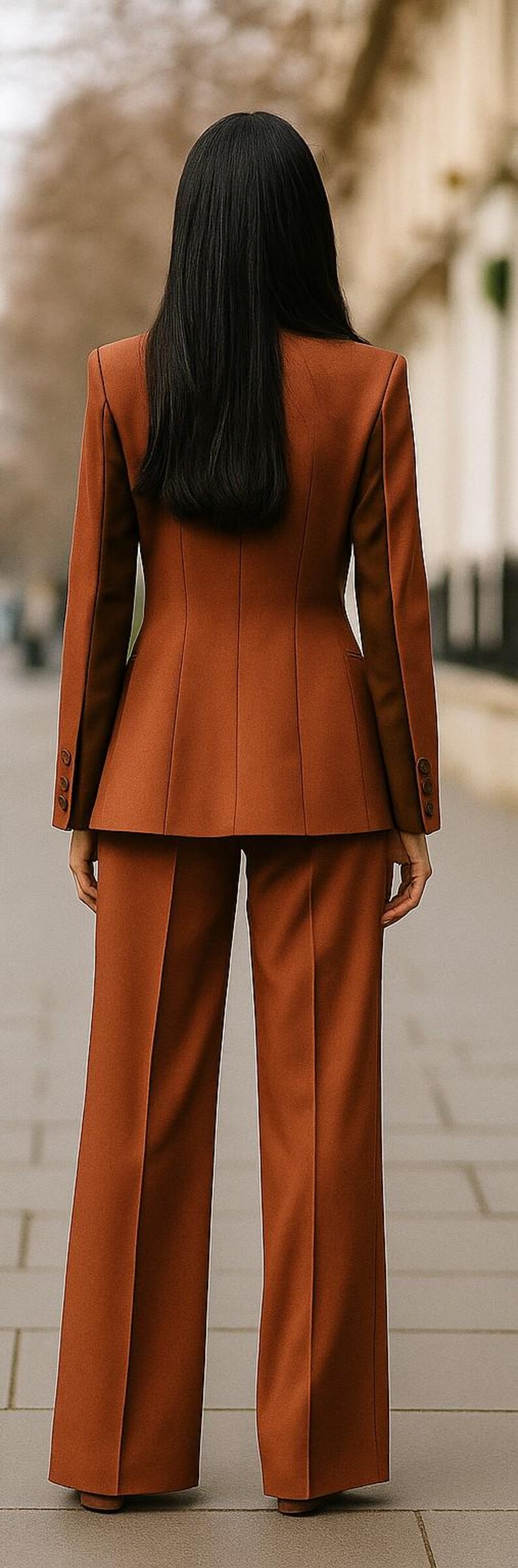 May include: A rust-colored suit, featuring a tailored blazer with three buttons on each cuff and matching wide-leg trousers. The model's back is to the camera, with long black hair.
