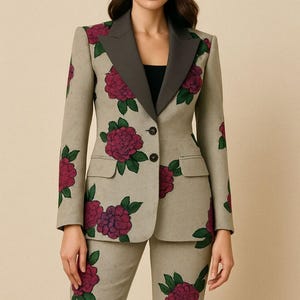 Grey Luxury Floral Embroidered Blazer Pantsuit Set